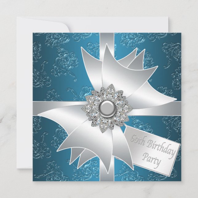 Invitation Bleu Blanc Diamant Bow femmes 60e fête d'anniversa (Devant)