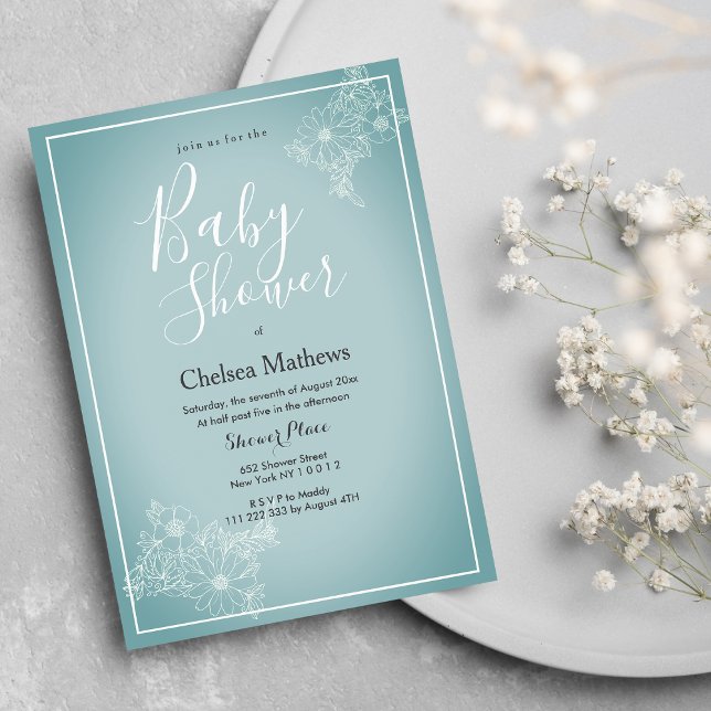 Invitation Bleu blanc élégant dégradé floral Baby shower en (Blue white elegant floral gradient Baby Shower)