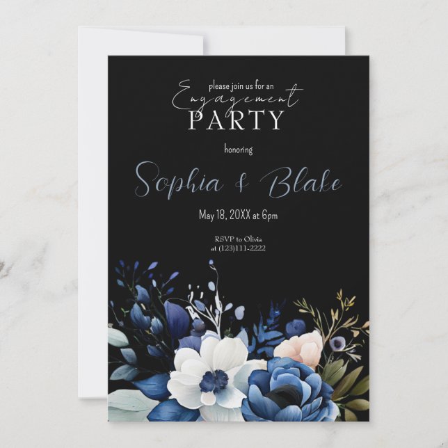 Invitation Bleu, blanc et vert Floral Black Engagement Party (Devant)
