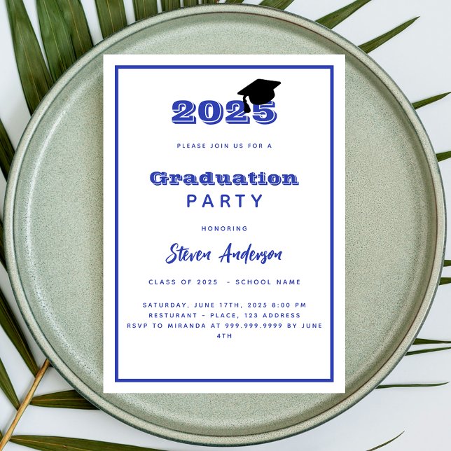 Invitation Bleu blanc fête de graduation 2025 (Créateur téléchargé)