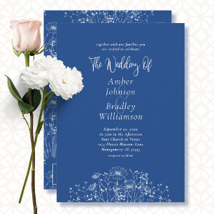 Invitation Bleu blanc Fleur sauvage élégant Floral QR Mariage