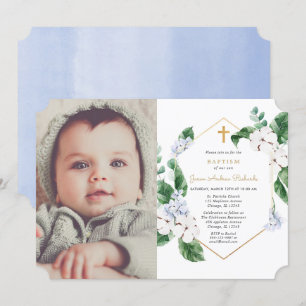 Invitation Bleu blanc fleurons or garçon baptême photo