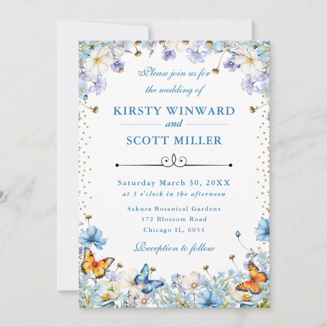 Invitation Bleu Blanc Fleurs sauvages & Papillons Mariage (Devant)