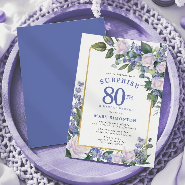 Invitation Bleu Blanc Floral 80e Brunch d'anniversaire surpre (Créateur téléchargé)