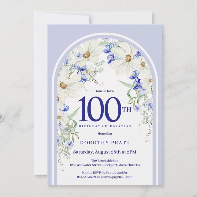 Invitation Bleu Blanc Floral Boho Arch 100e fête d'anniversai (Devant)