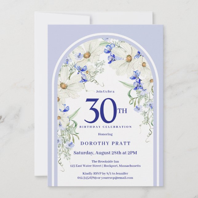 Invitation Bleu Blanc Floral Boho Arch 30e fête d'anniversair (Devant)