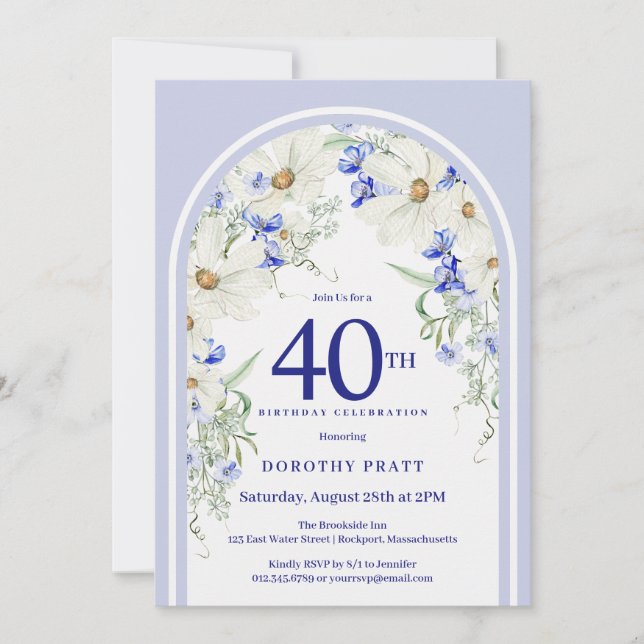 Invitation Bleu Blanc Floral Boho Arch 40e fête d'anniversair (Devant)