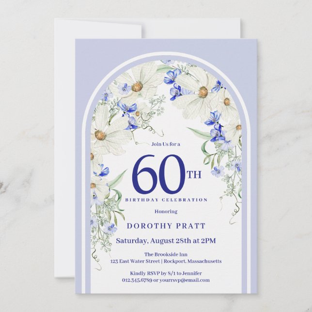 Invitation Bleu Blanc Floral Boho Arch 60e fête d'anniversair (Devant)