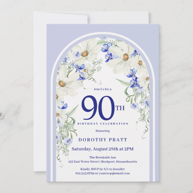Invitation Bleu Blanc Floral Boho Arch 90e fête d'anniversair (Devant)