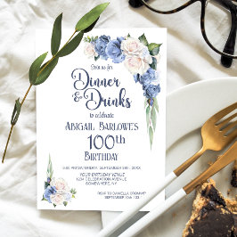 Invitation Bleu Blanc Floral Diner et Boissons 100e anniversa