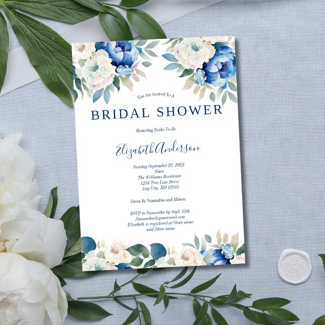 Invitation Bleu Blanc Floral Élégant Nuptiale Douche Invitati (Elegant Modern Blue White Floral Flowers Greenery Bridal Shower Invitation)