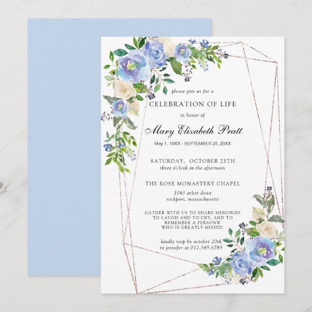 Invitation Bleu Blanc Floral Géométrique Célébration de la vi (Devant / Derrière)