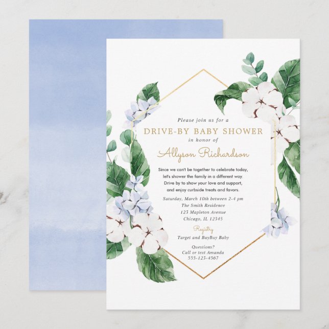 Invitation Bleu blanc floral or Drive by spring baby shower (Devant / Derrière)