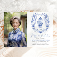Bleu Blanc Floral Porcelaine 50e Anniversaire Phot