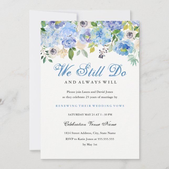 Invitation Bleu Blanc Floral Vow Renouvellement Anniversaire  (Devant)