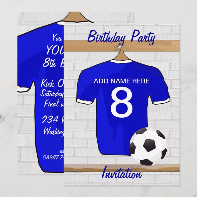 Invitation Bleu Blanc Football Soccer Jersey Anniversaire (Devant / Derrière)