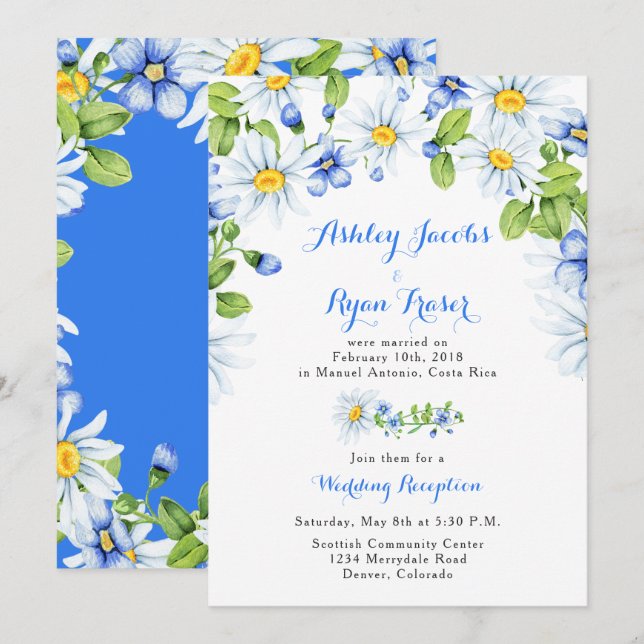 Invitation Bleu Blanc Marguerite Réception de mariage uniquem (Devant / Derrière)