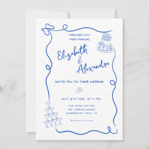 Invitation Bleu blanc Mariage à main française