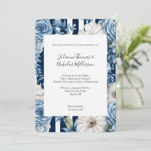 Invitation Bleu blanc Mariage à rayures florales