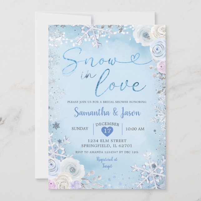 Invitation Bleu blanc neige en amour Fête des mariées d'hiver (Devant)