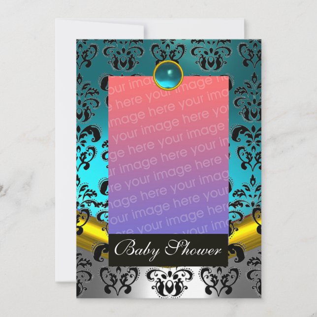 INVITATION BLEU BLANC NOIR DAMAS BÉBÉ SHOWER MONOGRAMME (Devant)