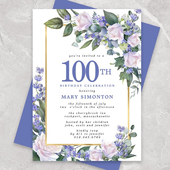 Invitation Bleu Blanc Or Floral 100e anniversaire (Créateur téléchargé)