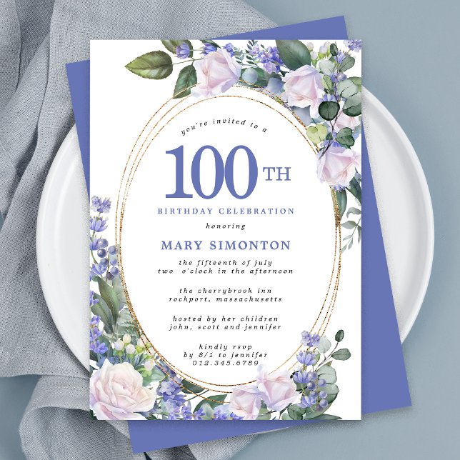 Invitation Bleu Blanc Or Floral 100e anniversaire (Créateur téléchargé)