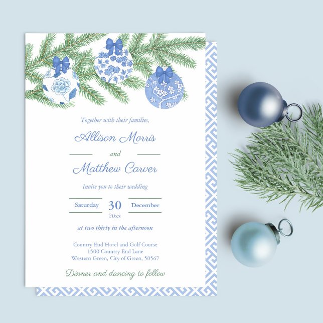 Invitation Bleu Blanc Ornements Fir Arbre Mariage (Blue and white chinoiserie ornaments on fir tree branch wedding invitation design)