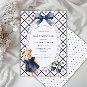 Invitation Bleu Blanc Rouge Petite Dame Ours Floral Vintage