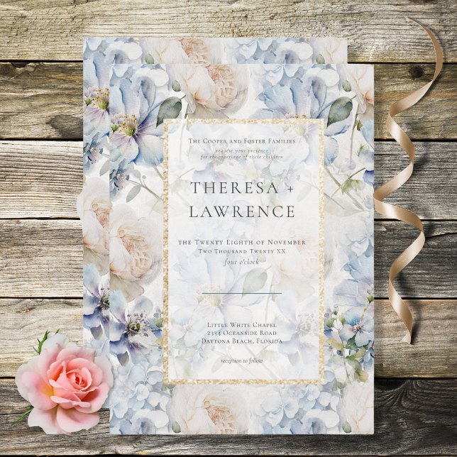 Invitation Bleu & blanc Rustique Floral Gold Frame Blanc (Créateur téléchargé)