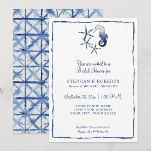 Invitation Bleu blanc Shibori Seahorse Starfish Beach Bride