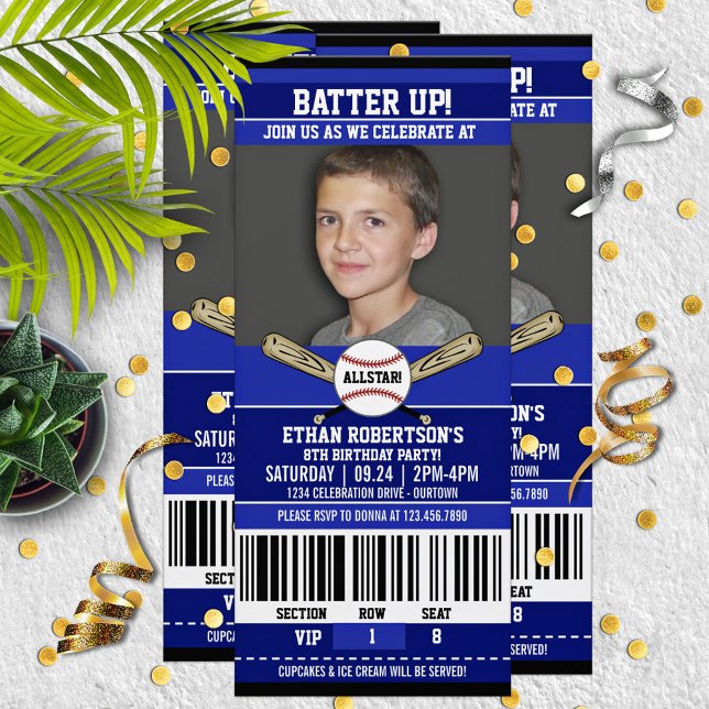 Invitation Bleu|Blanc Style Billet Baseball Anniversaire (Créateur téléchargé)