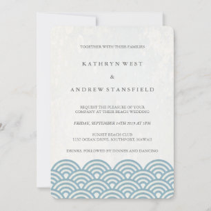Invitation Bleu + Blanc Stylisé Vagues Elégante Plage Mariage