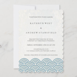 Invitation Bleu + Blanc Stylisé Vagues Elégante Plage Mariage