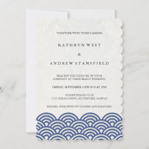 Invitation Bleu + Blanc Stylisé Vagues Elégante Plage Mariage