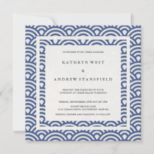 Invitation Bleu + Blanc Stylisé Vagues Elégante Plage Mariage