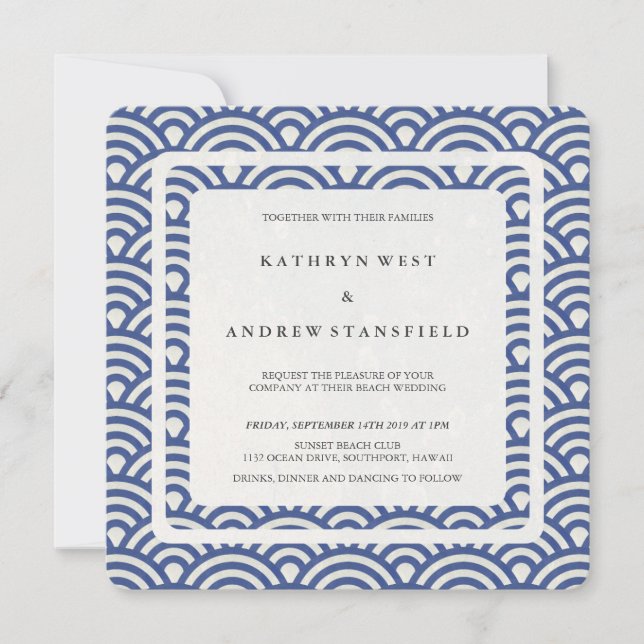 Invitation Bleu + Blanc Stylisé Vagues Moderne Plage Mariage (Devant)