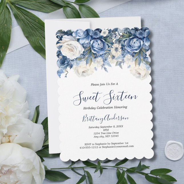 Invitation Bleu blanc Sweet sixteen floral 16 Anniversaire (Blue White watercolor florals roses sweet sixteen 16th birthday party invitation. Digital or Printed)