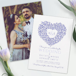 Invitation Bleu blanc tulipes dessin coeur photo mariage