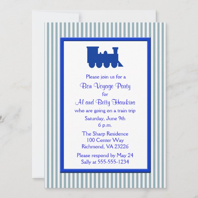Invitation Bleu Blancs Train Bon Voyage Party (Devant)