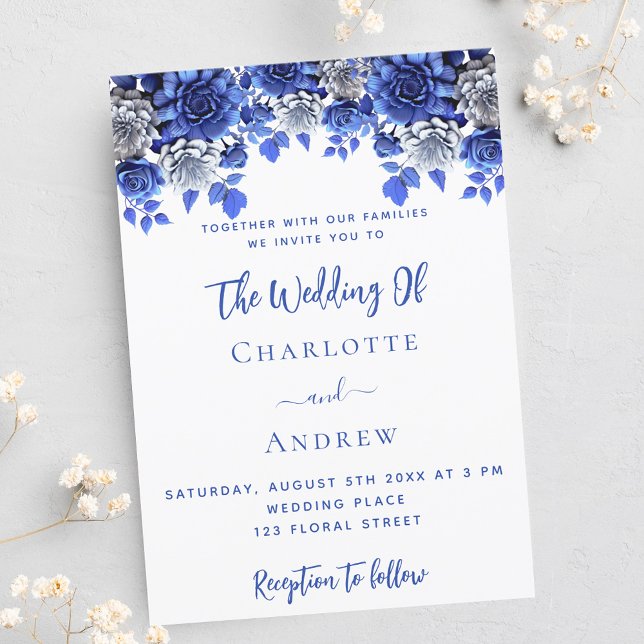 Invitation Bleu bleu blanc fleurs mariage de luxe (Créateur téléchargé)