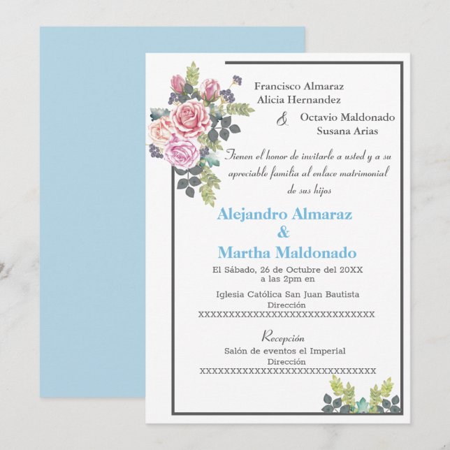 Invitation Bleu bleu floral mariage (Devant / Derrière)