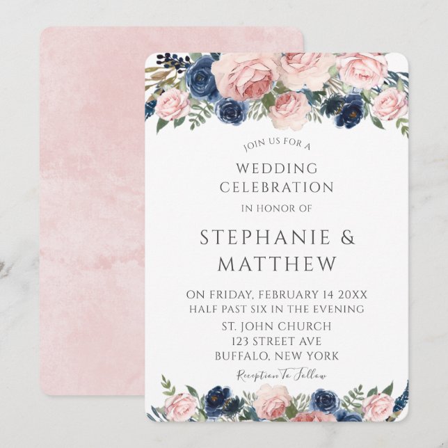 Invitation Bleu bleu marine Aquarelle Peony Mariage (Devant / Derrière)
