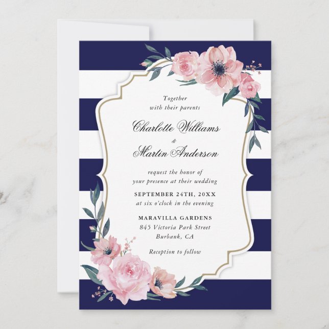 Invitation Bleu bleu marine bleu brun Mariage floral (Devant)