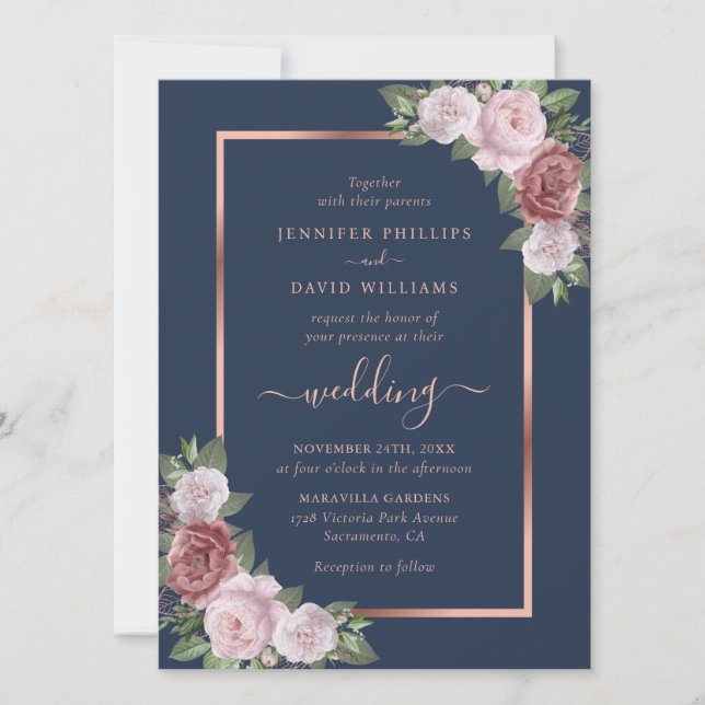Invitation Bleu bleu marine et Mariage or Rose (Devant)