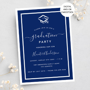 Invitation Bleu bleu marine fête de graduation