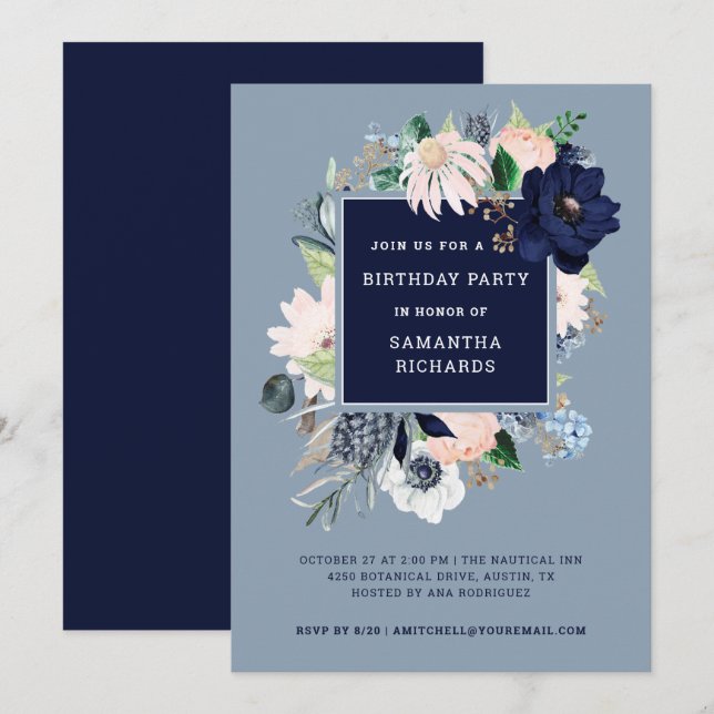 Invitation Bleu bleu marine floral | Fête d'anniversaire (Devant / Derrière)