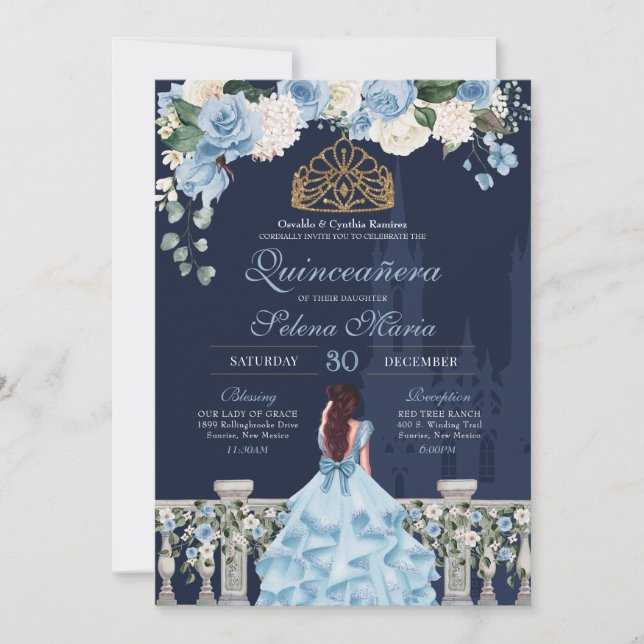 Invitation Bleu bleu marine Roses Princesse Quinceañera (Devant)