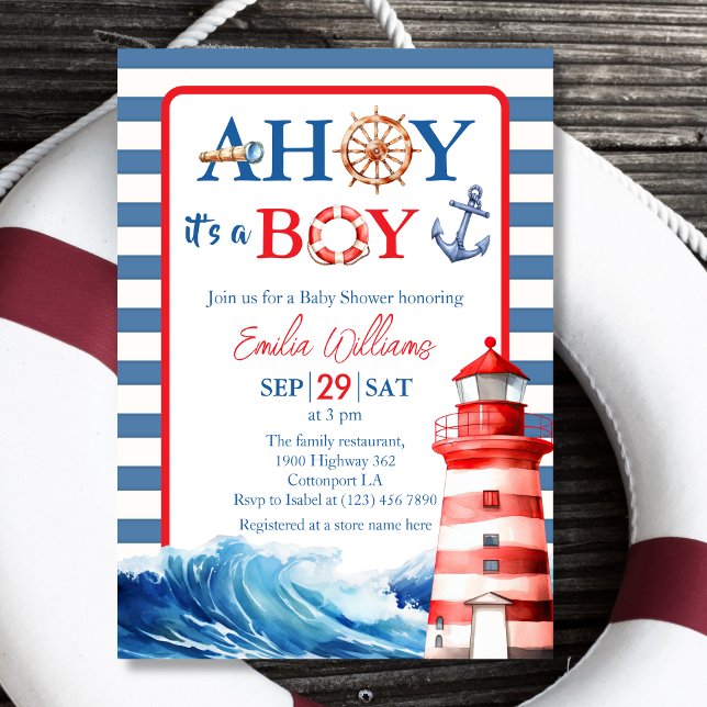 Invitation Bleu bleu marine Whimsical Ahoy Boy Baby shower (Créateur téléchargé)
