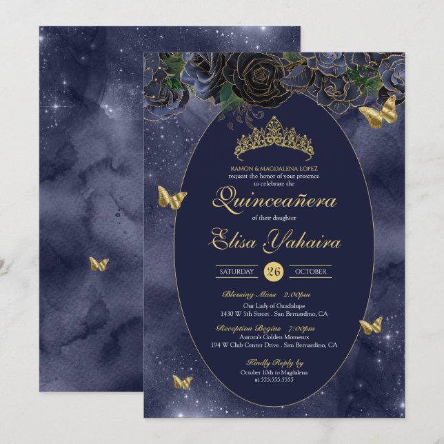 Invitation Bleu bleu or papillon de luxe Quinceanera (Devant / Derrière)